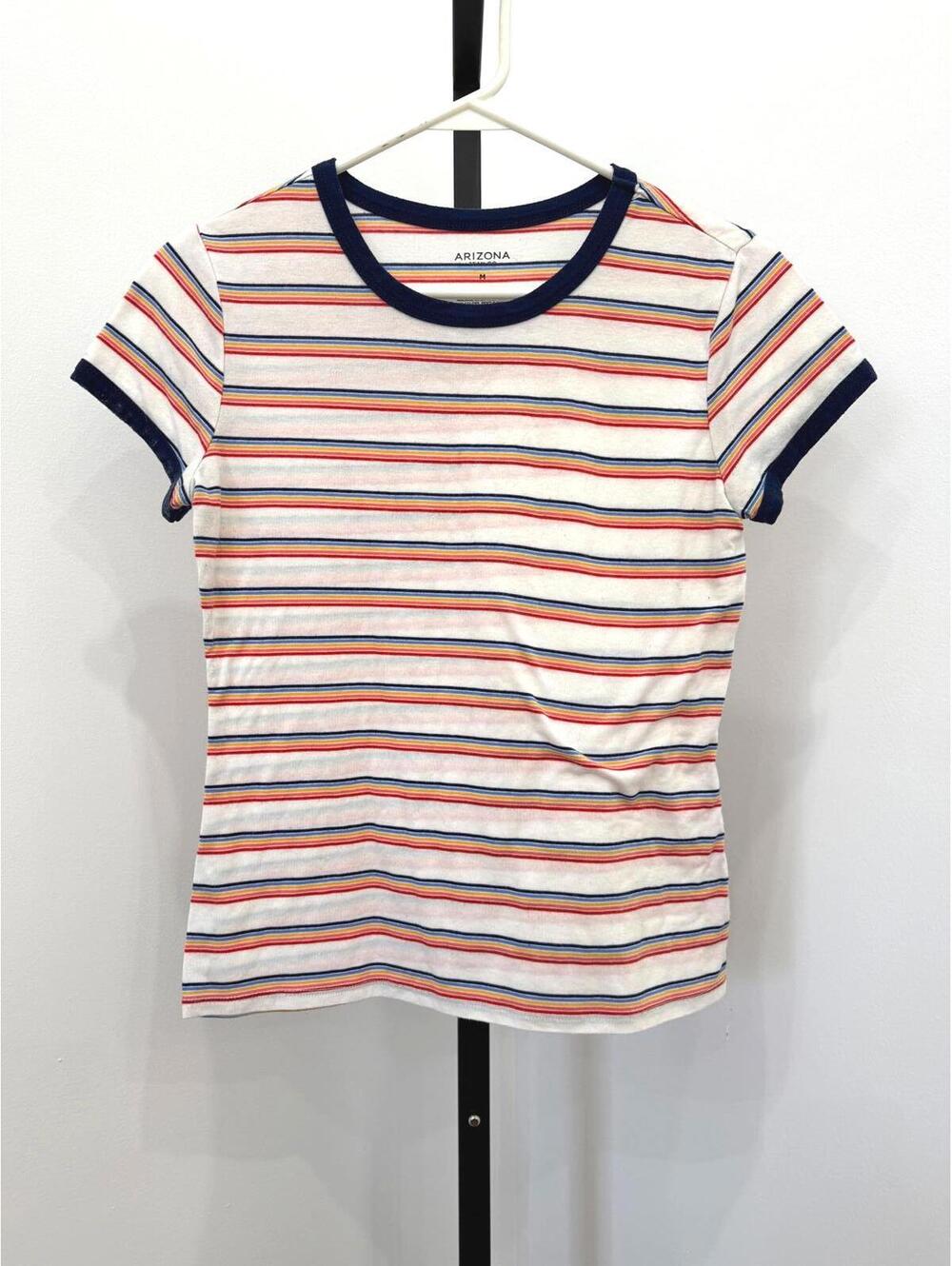 Arizona Women's Striped Short Sleeve T-Shirt Rainbow Medium Ringer Tee
